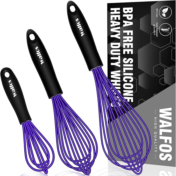 Walfos Whisk,7+9+11in Silicone Whisks for Cooking Non Scatch,Kitchen Whisk,BPA Free and Heat Resistant 480°F,Wisk Perfect for Frothing,Blending,Beating.Dishwasher Safe 3pcs Dark Purple