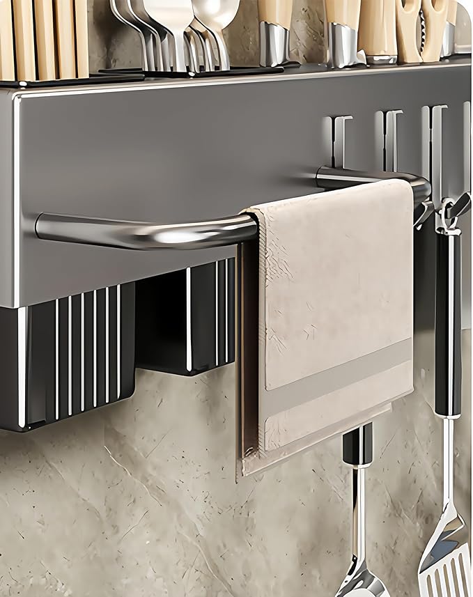SEIDO Carbon Steel Utensil Rack – Space-Saving 16" L Kitchen Organizer with hooks & hanging bar, Gunmetal Gray Knife Holder, 2 Installation Options (Adhesive/Screwed)