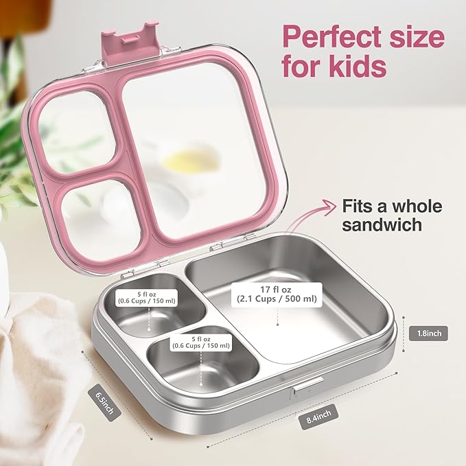 HOMEKOL Stainless Steel Bento Lunch Box, 3-Compartment Leak-Proof Lunch Container for Kids & Adults, BPA/BPS-Free 304 Metal Food Box, Dishwasher Safe, Clear Tritan Lid, Pink (Not Insulated)