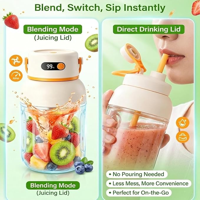 Portable Electric Juicer Cup with Zero Cord Hassle, Fresh Juicer Portable Blender with Digital Display, Leakproof USB-C Rechargeable Personal Blender for Home, Travel, Easy Clean (a,1200ml)