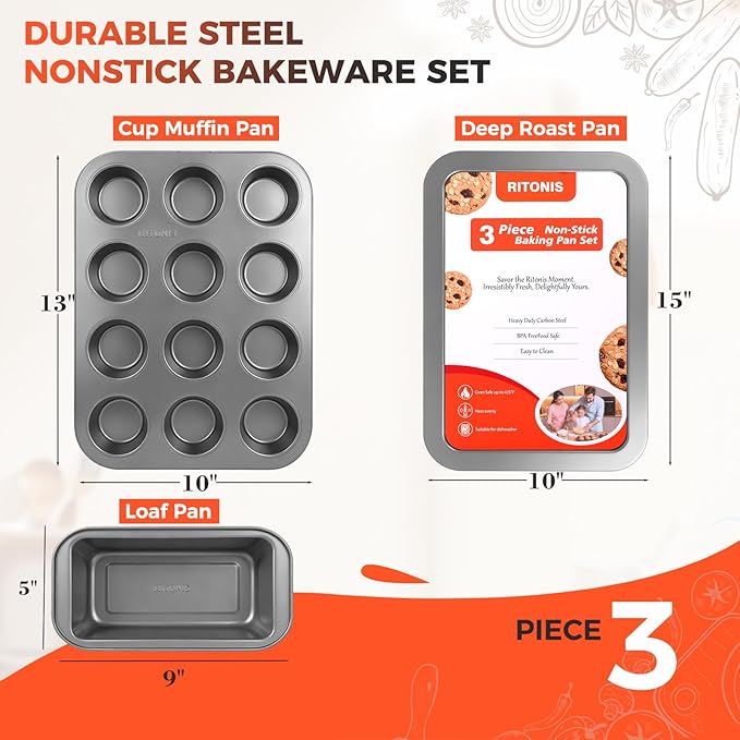 3-Piece Baking Pans Set Non-stick Stackable Bakeware Sets Non Toxic Baking Sheet Set for Cooking，Include Cookie Sheet,Muffin pan,Bread Loaf Pan For Oven,Carbon Steel,with Baking Glove,Black