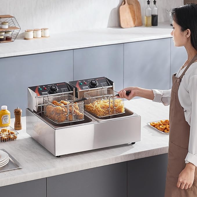 VEVOR Commercial Deep Fryer, Dual Tank 3000W Electric Countertop Fryer with Basket, 2 x 9.1Qt/8.6L Double Stainless Steel Oil Fryer, with Temp Control & Overheat Protection, for Kitchen Restaurant Use