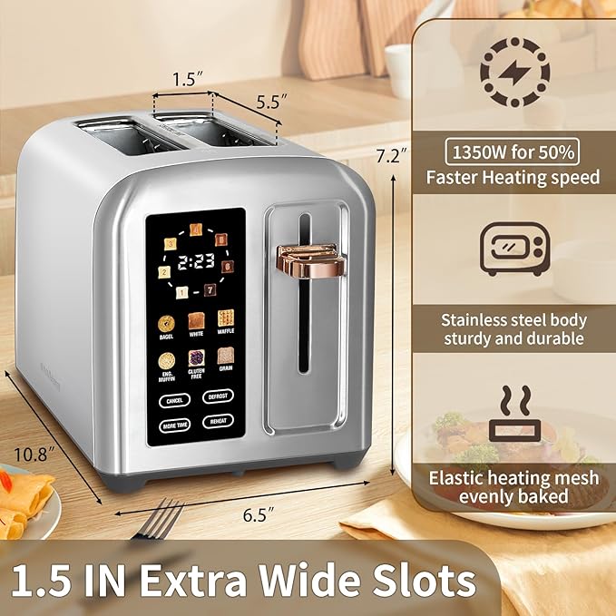 SEEDEEM Toaster 2 Slice, Full Touch Control Stainless Toaster, LCD Display, 50% Faster Heating Speed, 6 Bread Type, 7 Shade Setting, 1.5''Wide Slots, Removable Crumb Tray, 1350W, Silver Metallic