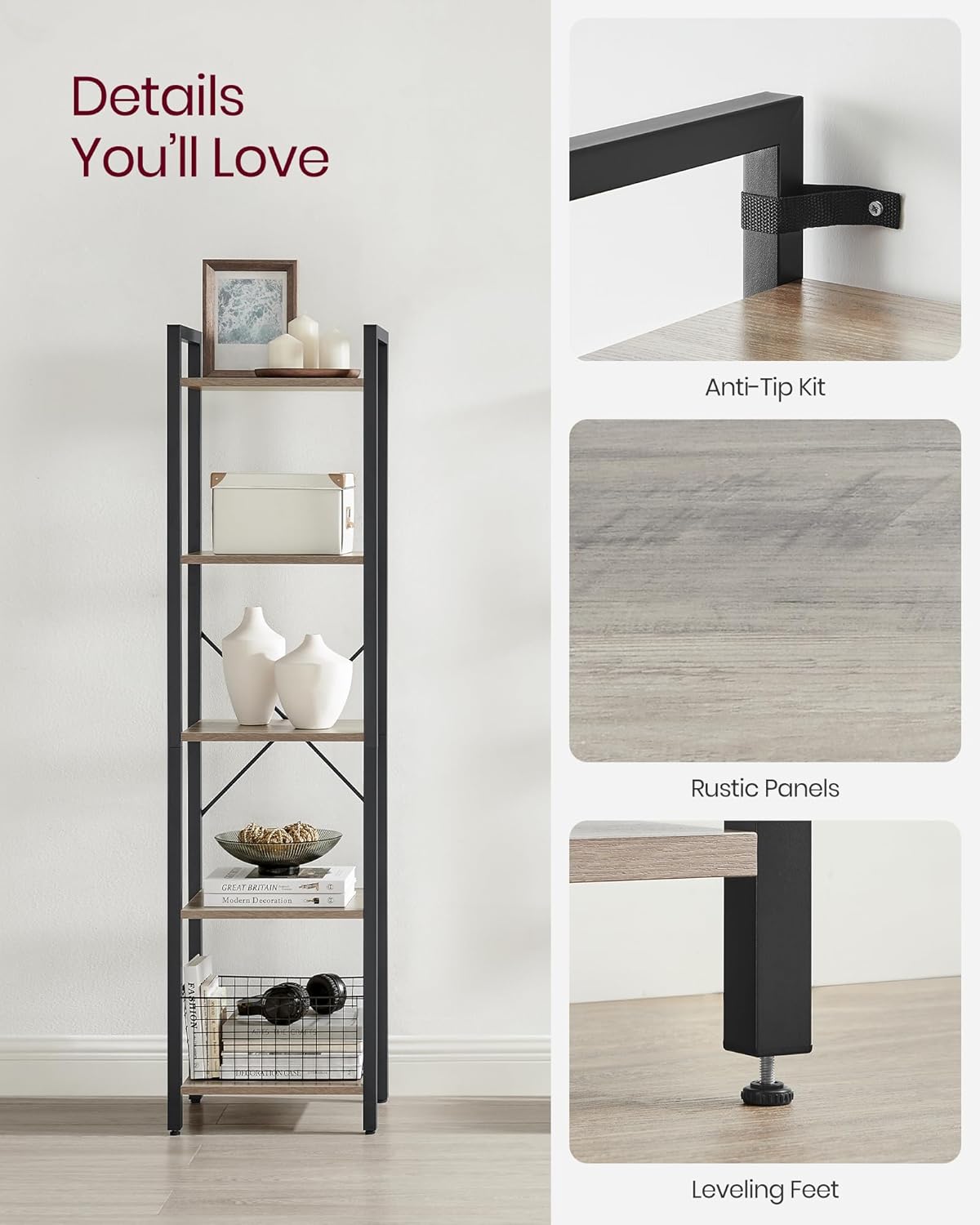 VASAGLE 5-Tier Bookshelf, Bookcase with Steel Frame, Book Shelf for Living Room, Home Office, Study, 11.8 x 15.7 x 60.2 Inches, Industrial Style, Heather Greige and Ink Black ULLS100B02