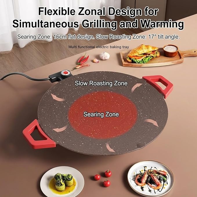 Non-Stick Electric Indoor Grill Pan, Smokeless Electric Griddle with Temperature Control, Round Baking Pan for BBQ, Steaks, Pancakes & Comal Electrico para Tortillas (28cm/11in)