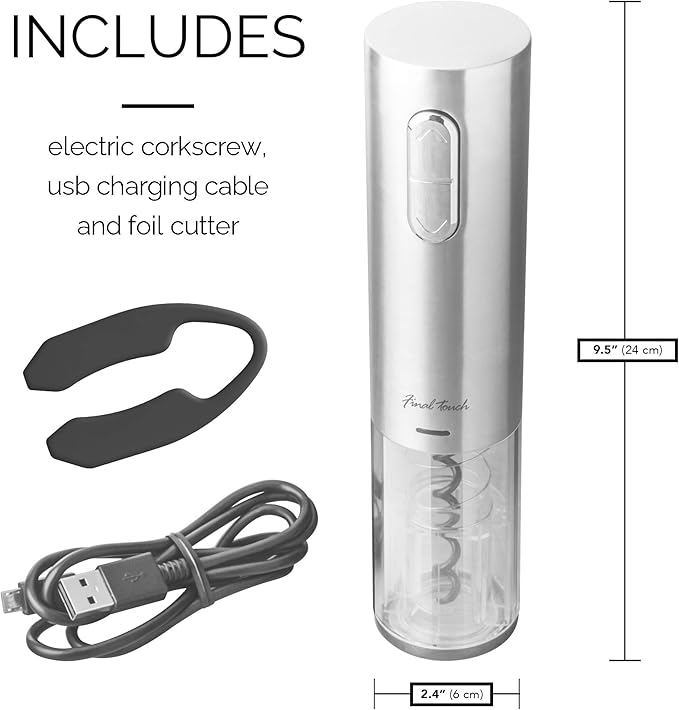 Final Touch Electric Corkscrew with Lithium-Ion Battery | Easy Cork Removal, USB Charging, LED Lights | Stainless Steel Wine Opener for Home and Parties (WO3032)