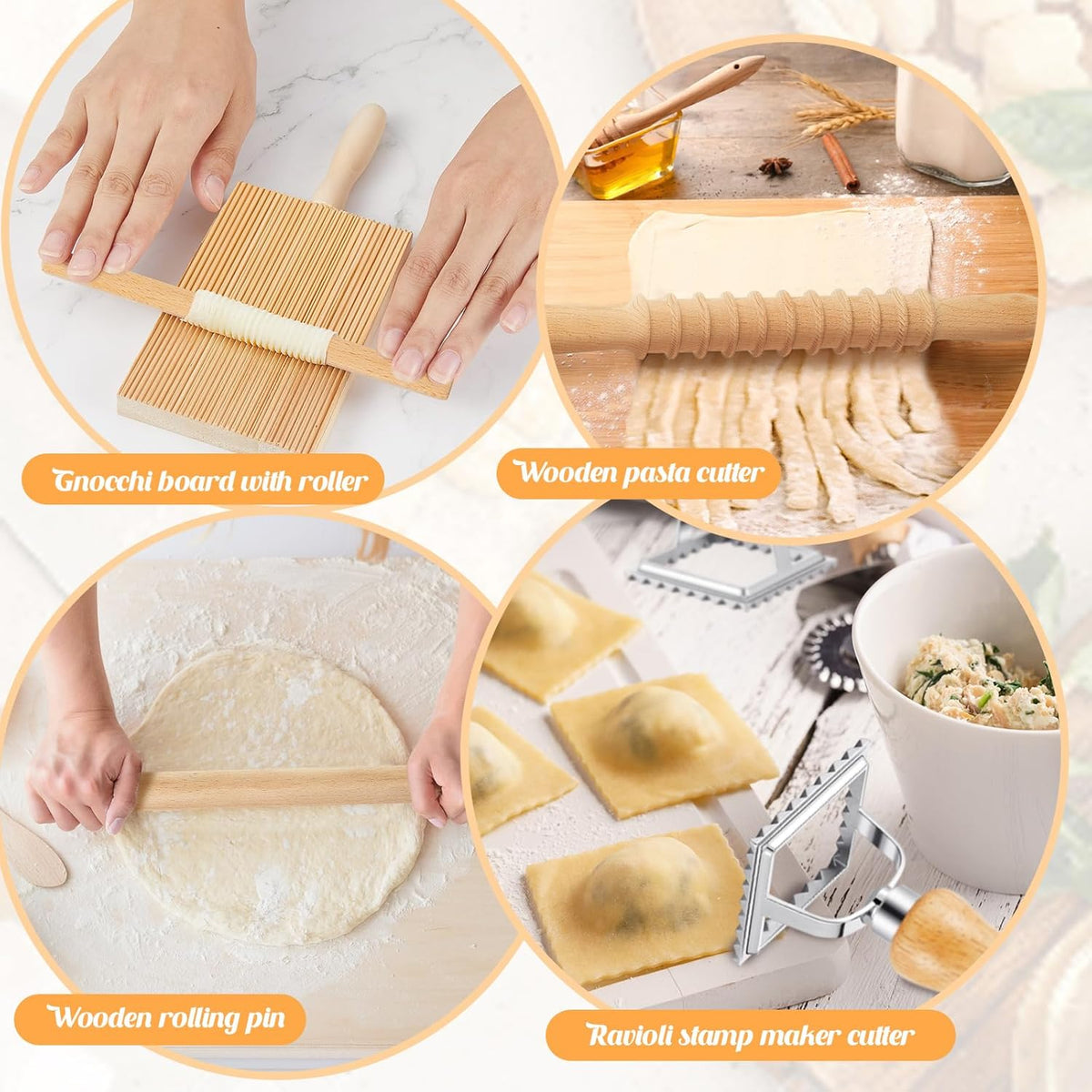 Tioncy 7 Pcs Gnocchi Pasta Making Tool, Wood Gnocchi Board with Ravioli Stamp and Rolling Pin Set Homemade Kitchen Gift for Baking Lovers(Pasta Style)
