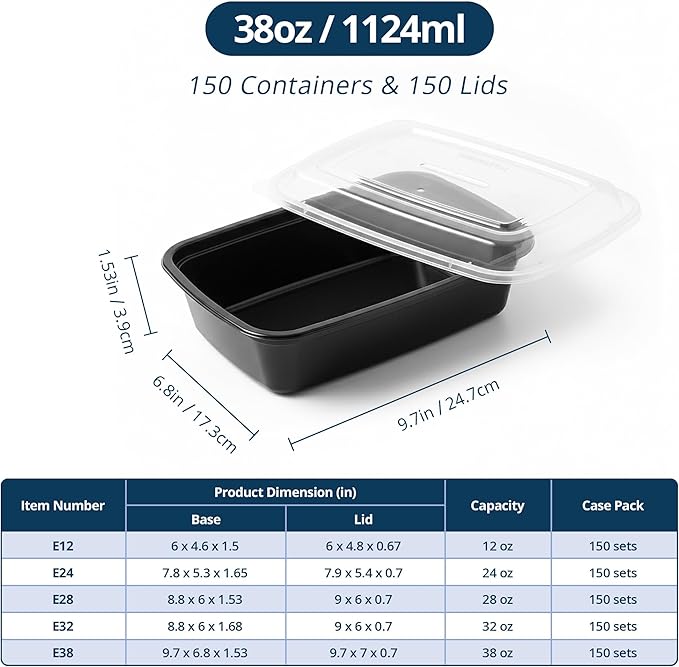TIYA Food Containers - 38 oz Bulk 150 Pack with Lids - Rectangular Plastic To-Go Containers - Reusable, Microwavable, Dishwasher Safe - Leak-Proof for Meal Prep - BPA-Free