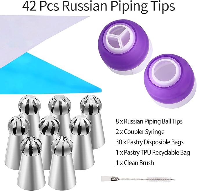 42 Pcs Russian Piping Tips Set, 8 Nozzles Flower Frosting Icing Tips Russian Ball Piping Tips for Cake Decorating Kit, 2 Couplers 30 Pastry Baking Bags 1 Cleaning Brush, 1 Reusable Silicone Bag YLYL