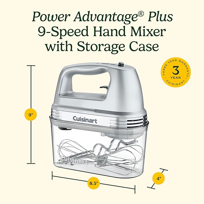 Cuisinart Power Advantage Plus 9-Speed Hand Mixer, 220W Motor, Electric Mixer with Dishwasher-Safe Beaters, Storage Case, HM-90BCS, Brushed Chrome