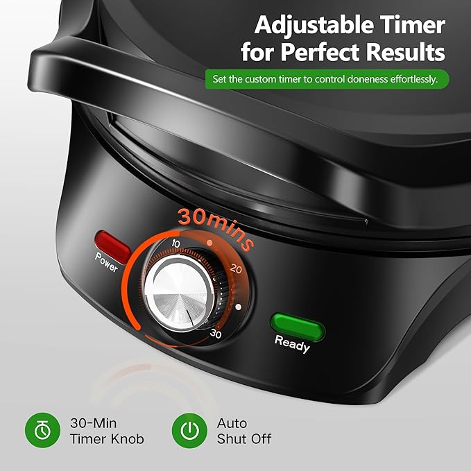 KEINVE 1500W Electric Griddle, 2-in-1 Indoor Griddle and Pizza Maker with 30-Min Timer and Auto Shut-Off, 12" 180° Open for BBQ, Steak, Burgers, Salmon, Veggies, and More