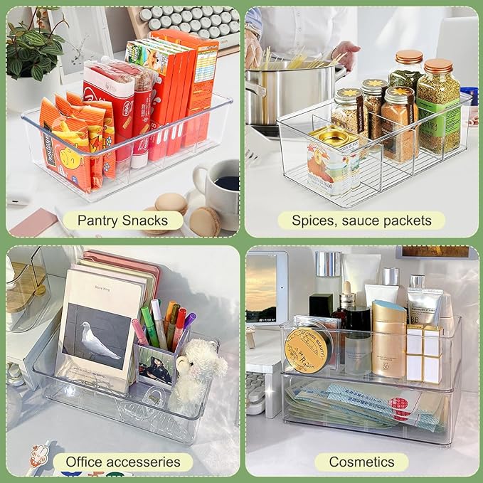 Snack Organizer for Pantry Shelf, 6 Pack Clear Plastic Pantry Storage Bins with 3 Dividers for Snacks, Spices, Chips Food Organizer, Stackable Pantry Organizers for Kitchen, Fridge, Cabinet