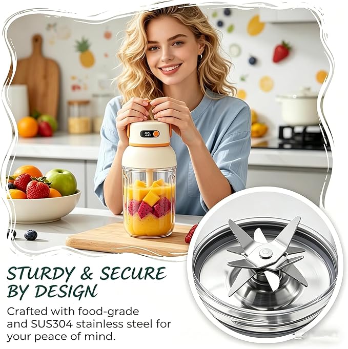 Portable Electric Juicer Cup with Zero Cord Hassle, 33 Oz Cordless Personal Juicer Cup, Digital Display Portable Juicers Blender with Stainless Steel Blades, USB-C (orange-1000ml)