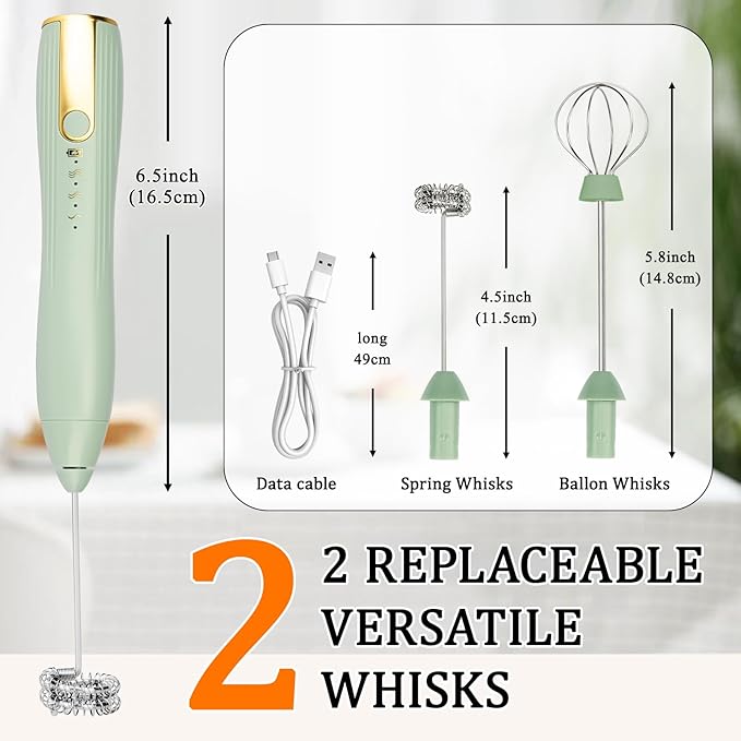 TonJin Frother Wand Rechargeable USB-C Milk Frother Handheld Mixer Electric with 2 Whisk Heads, 3 Speeds Adjustable Coffee Drink Mixer for Lattes, Matcha, Hot Chocolate, Egg, Matcha(Green)