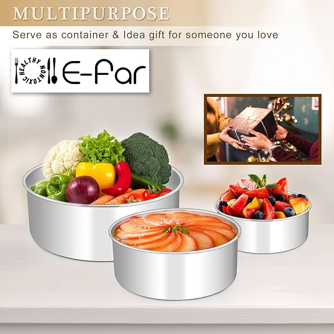 E-far Deep Cake Pan Set of 3 (6 inch/8 inch/9½ inch), Stainless Steel Round Layer Cake Baking Pans, Metal Tier Cake Tins for Wedding Birthday, Leak Proof & Straight Side, Non-toxic & Dishwasher Safe