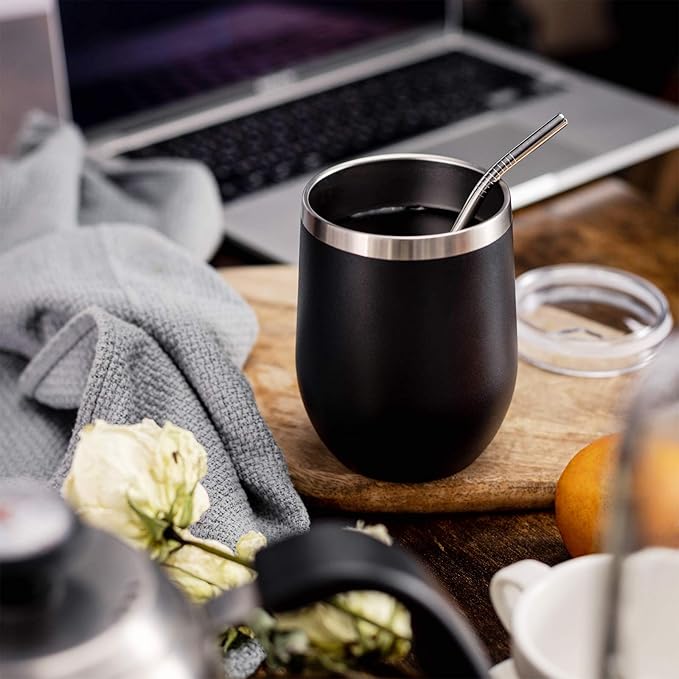 COMOOO 12oz Stainless Steel Wine Tumbler with Lid and Straw, Double Wall Vacuum Insulated Wine Tumbler Cup, Stemless Wine Tumbler for Cold and Hot Drinks, Coffee, Wine, Cocktails, Black, 12 Pack