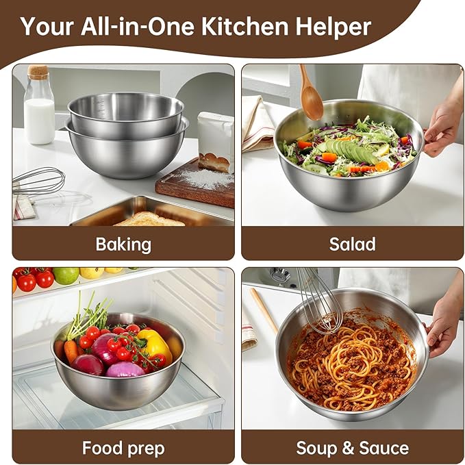 Gronivex Stainless Steel Mixing Bowls Set of 2 (4.2 & 5.3 Qt), Food Grade 304, Dishwasher Safe, Stackable Nesting Bowls for Baking, Salad Prep & Cooking