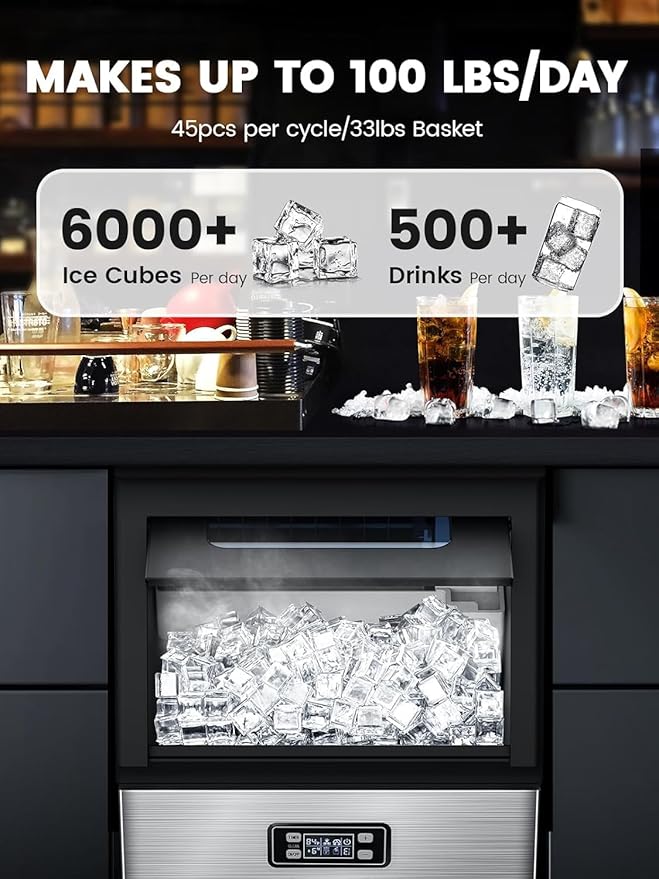 Electactic Commercial Ice Maker Machine,100lbs/24H Stainless Steel Ice Machine,33lbs Storage, Auto Self-Cleaning Freestanding Ice Maker, Ice Machine Freestanding for Bar/Cafe/Restauran-Silver