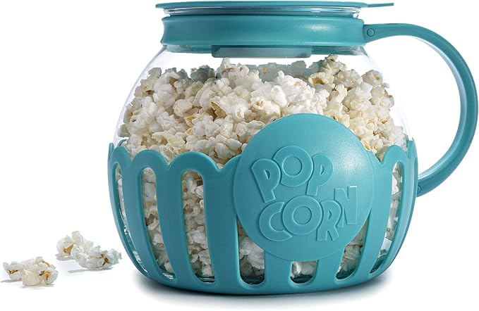 Ecolution Patented Micro-Pop Microwave Popcorn Popper with Temperature Safe Glass, 3-in-1 Lid Measures Kernels and Melts Butter, Made Without BPA, Dishwasher Safe, 3-Quart, Teal