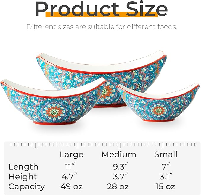 LAUCHUH Serving Bowls with Handles, Bohemian Porcelain Serving Dishes for Entertaining Colorful Nesting Bowls Salad Bowls for Kitchen, Mother's Day Party, Set of 3, 15/28/49 oz, Blue and Red