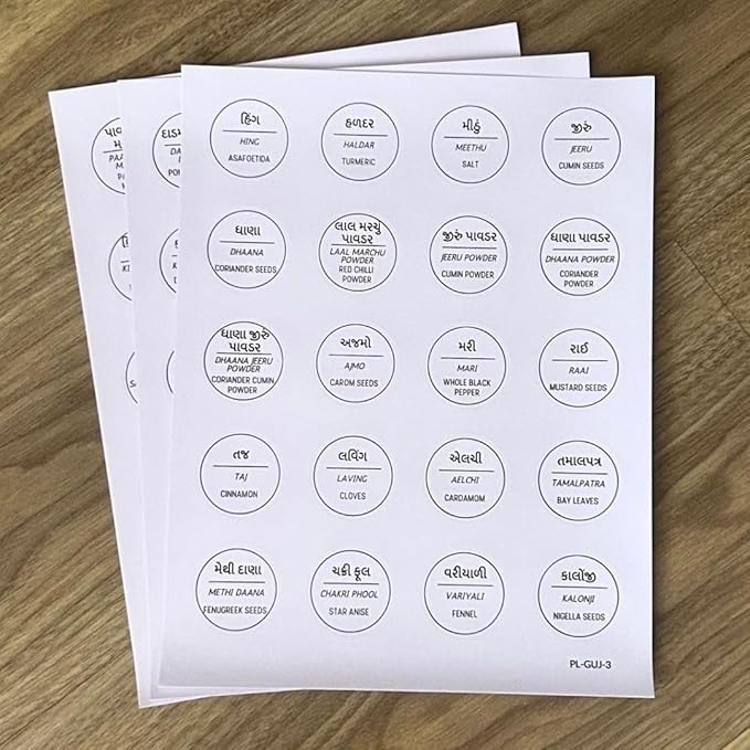 136 Printed Indian Gujarati Bilingual Plus 40 Blank Kitchen Pantry Labels, Minimalist, Waterproof, Dishwasher-Safe, Easy to Remove and Re-Stick