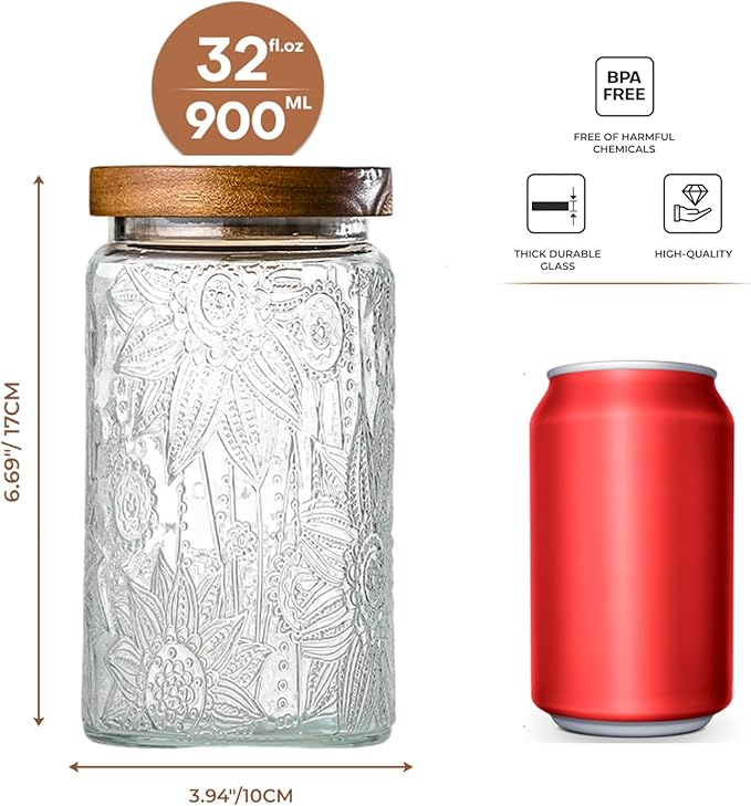Adodeen 32oz Vintage Glass Jars With Lids, Airtight Food Storage Containers, Kitchen Canisters For Sugar, Coffee, Tea, Spice, Flour, Candy Cookie, Pasta, Cereal, Cute Decorative Jars
