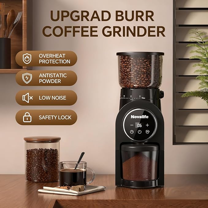 Electric Coffee Grinder, Burr Coffee Beans Grinder with 30 Grinding Settings, Burr Mill Grinder for Home Use, Touchscreen Adjustable 2-10 Cups or 40-Second Timer, Stainless Steel
