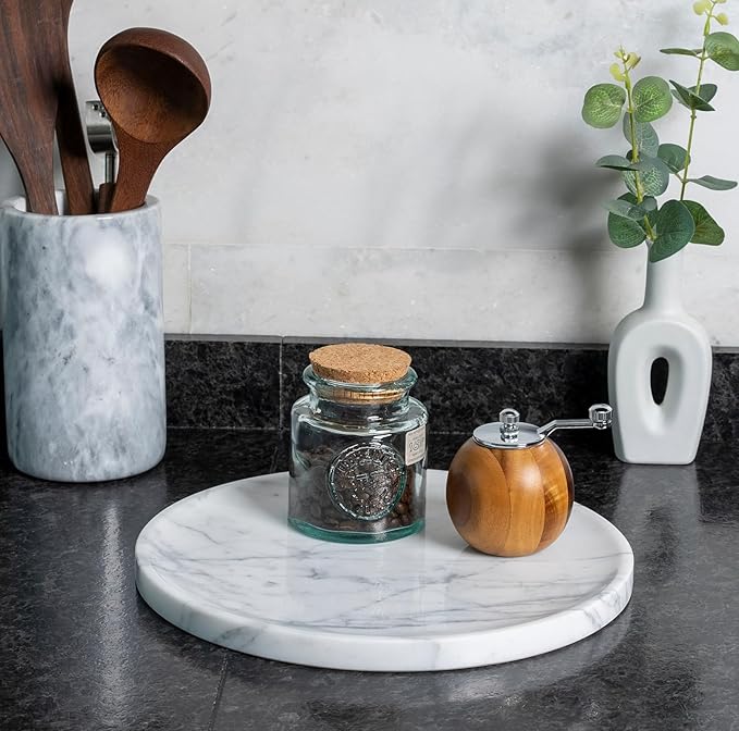 Natural Marble Decorative Tray for Bathroom Bedroom Kitchen Dresser, 11” Round Vanity Trays for Jewelry, Perfume, Cosmetic, Candle, Countertop Storage Organizer for Home Decor White, Arabescato