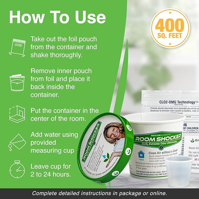 Biocide Systems Room Shocker Strong Odor Eliminator for Home & Office, Eco-Friendly Chlorine Dioxide Odor Bomb for House Interior Up to 400 Square Feet of Floor Space (4-Pack)