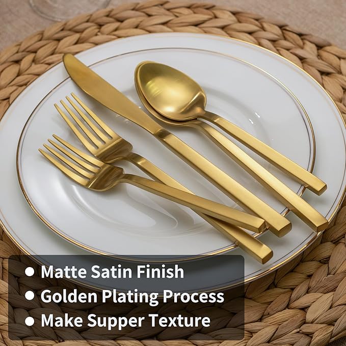 Alata Cube Matte Gold 40-Piece Flatware Set, Forged Cutlery Set, Service for 8, Stainless Steel Tableware with Square Handle for Home/Restaurant, Dishwasher Safe