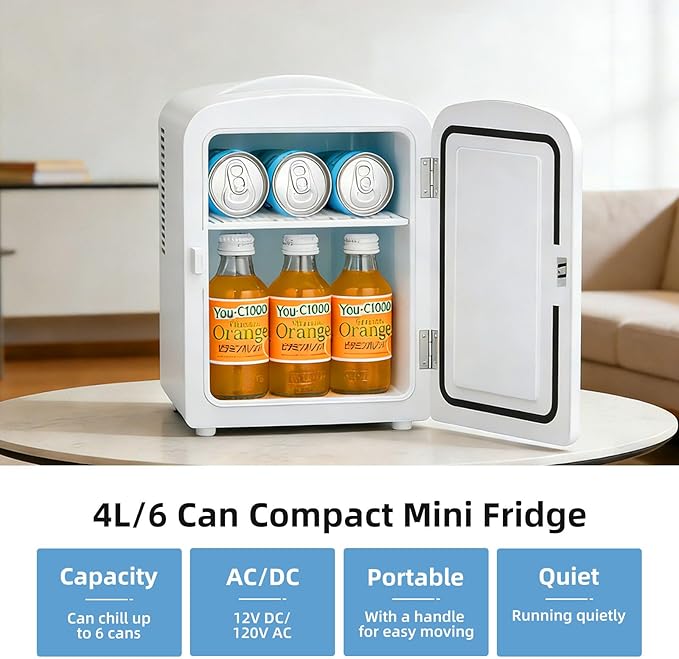 Antarctic Star 4L/6 Can Portable Mini Fridge,Personal Compact Refrigerator,Small Cooler for Food,Drinks or Skin Care, AC/DC for Bedroom, Car, Office & Dorm, White