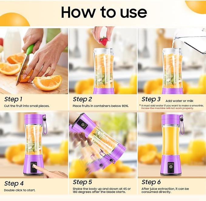 Portable Blender for Smoothies & Shakes - Cordless Personal Size Blender with 6 Blades, 380Ml Juice Cup, Lightweight & Rechargeable, Freshly Squeezed for Picnic/Sports/Office, Mother's Day