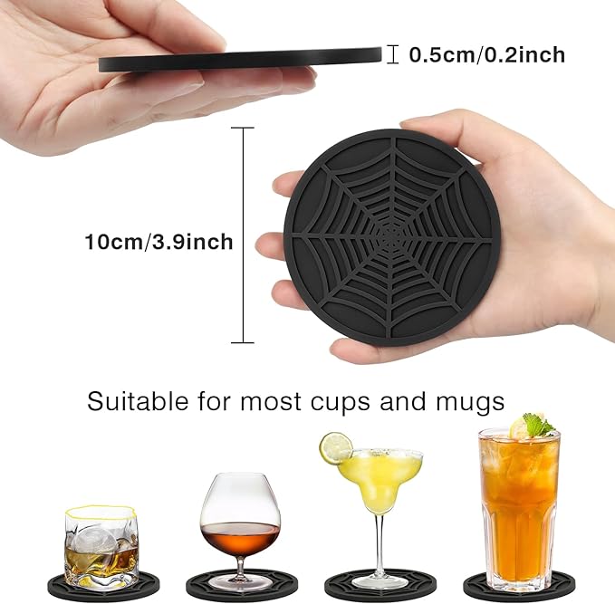 2 Pack Silicone Coasters for Drinks-Black Spider Shape Coaster with Deep Tray Grooved Design, Washable Cup Coasters for Desk, Heat Resistant Non-Slip Plastic Coaster for Coffee Table, Wooden, Kitche