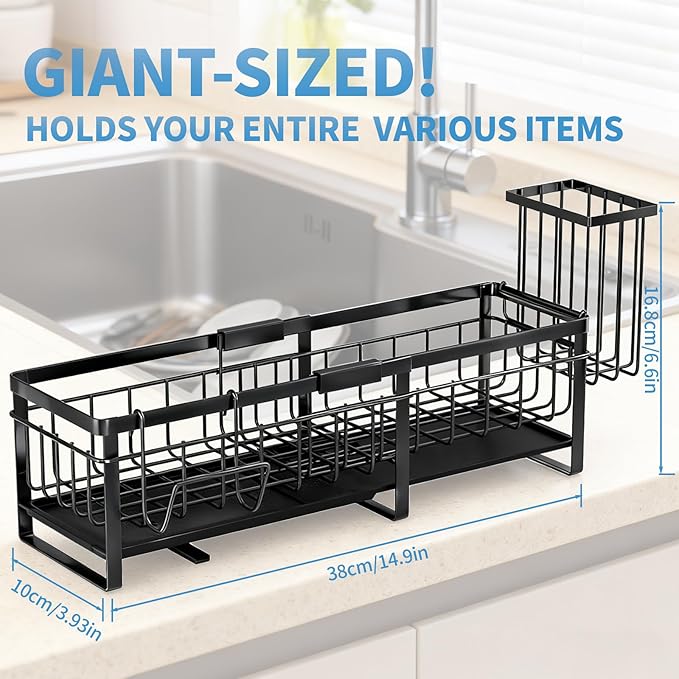 Extra Large Extendable Sponge Holder for Kitchen Sink, Rustproof Sink Caddy Organizer with High Brush Holder, Dish Soap Dispenser Organizers and Storage (Black)