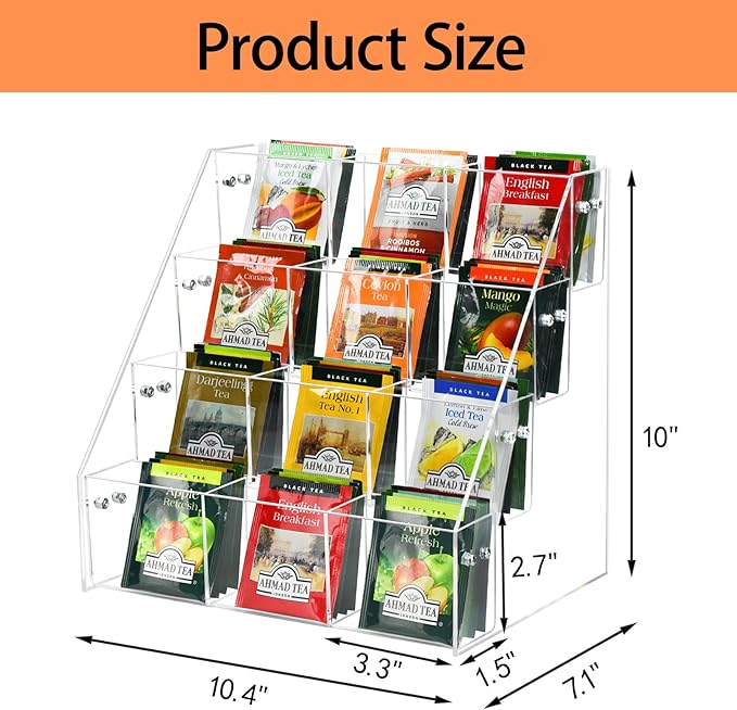 Tea Bag Organizer Holder, Acrylic Tea Packets Storage Box Container Display Stand Rack for Counter Cabinet Countertop Kitchen Office, 4 Tier