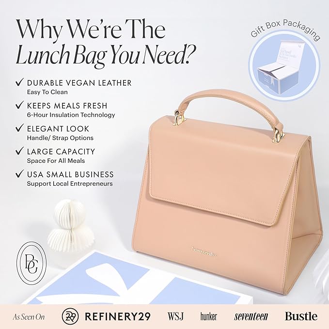 Beige Tan Medium Insulated Lunch Bag for Women for Work, Aesthetic Lunch Boxes and Classy Tote Bag Purse with Strap, Professional Ladies Lunch Bags, Chic Lunch Box for Women, the Office and Workplace