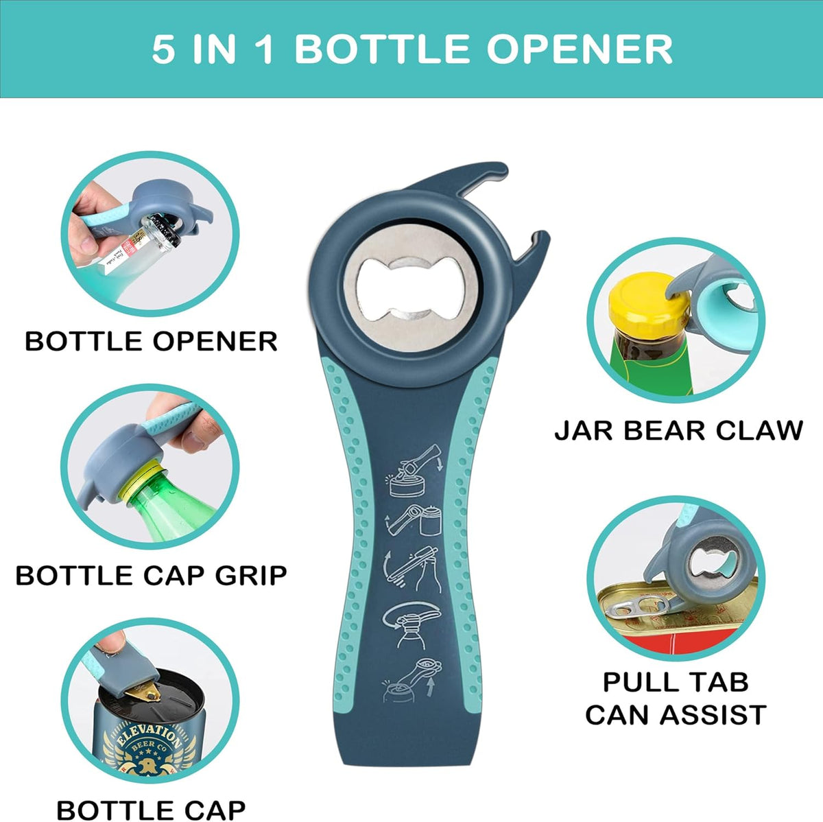 Jar Opener for Weak Hands, Seniors with Arthritis, 5 in 1 Multi Function Bottle Opener Lid Opener For Arthritic Hands