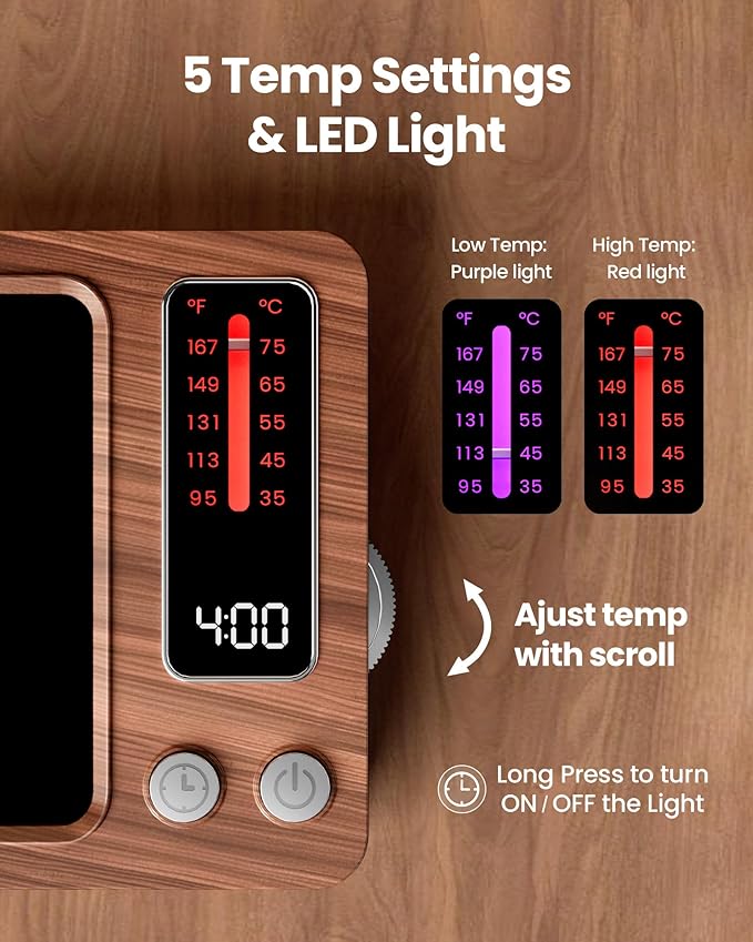 Gaiatop Coffee Mug Warmer, 36W Fast Heating, 5 Temp Settings, 0.5-9H Timer, for Water Milk Tea Cocoa, Smart Candle Warmer, Ideal Gifts for Family, Mom, Fits Most Cups - Wood