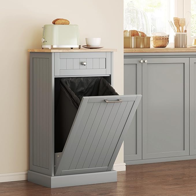 HOMCOM Kitchen Tilt Out Trash Bin Cabinet Free Standing Recycling Cabinet Trash Can Holder with Drawer, Gray