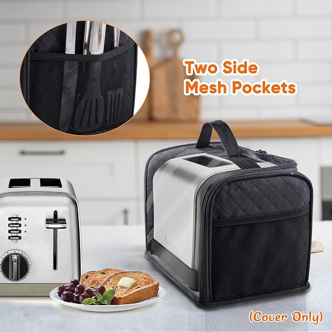 BAGSPRITE Toaster Cover for 2 Slice Wide Slot, Full Open Dust Covers for Kitchen Appliances Compatible with Cuisinart, BELLA, Black and Decker 2 Slices, Toaster Bags with Zipper Closure (Cover Only)