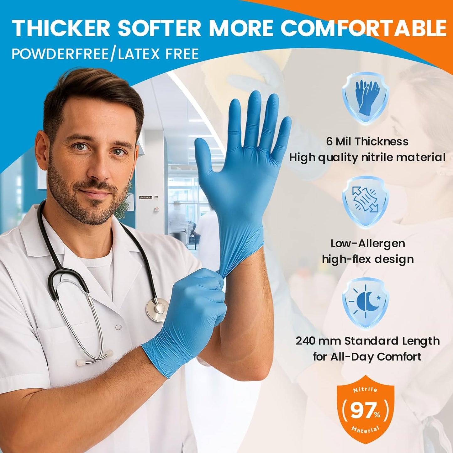 Nitrile Exam Gloves 6mil – Latex-Free, Powder-Free, Textured for Cleaning and Food Handling (Blue of 1000, X-Large)