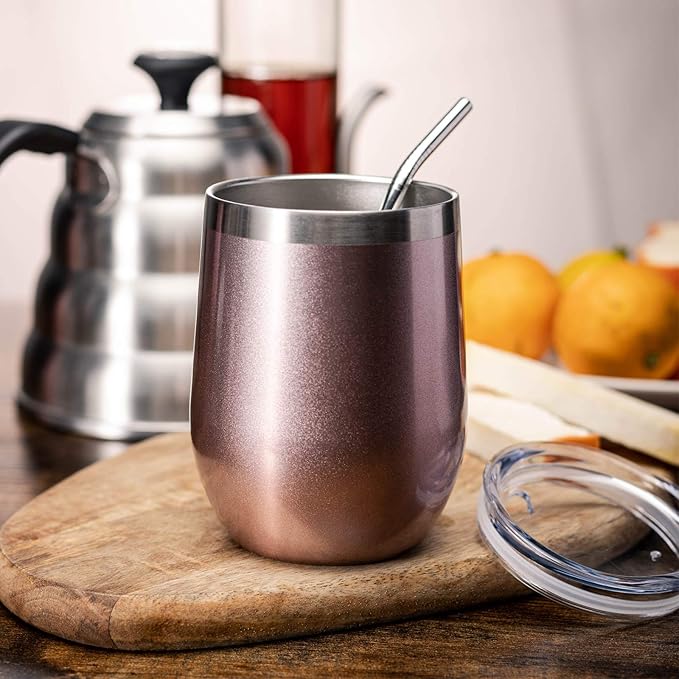 COMOOO Rose Gold Stainless Steel Wine Tumbler Bulk with Lid and Straw 12oz Double Wall Vacuum Insulated Travel Tumbler Cup for Coffee Wine Cocktails Ice Cream Cup Rose Gold, 16 pack