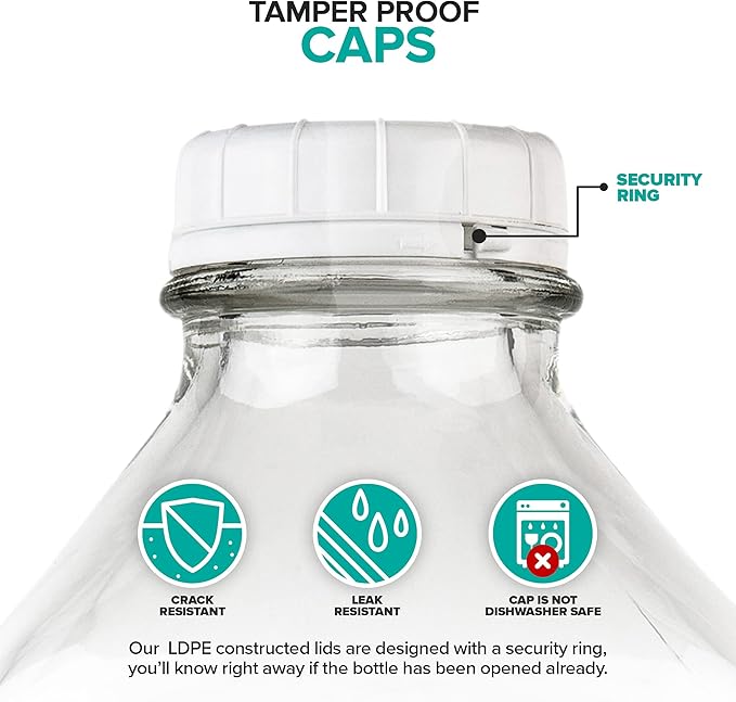 Stock Your Home Half Gallon Glass Bottle with Lid (1 Pack) 64 Oz Jugs and 3 White Caps, Reusable Food Grade Container for Refrigerator, Bottles for Juice, Oat or Plant Milks, Water, Honey