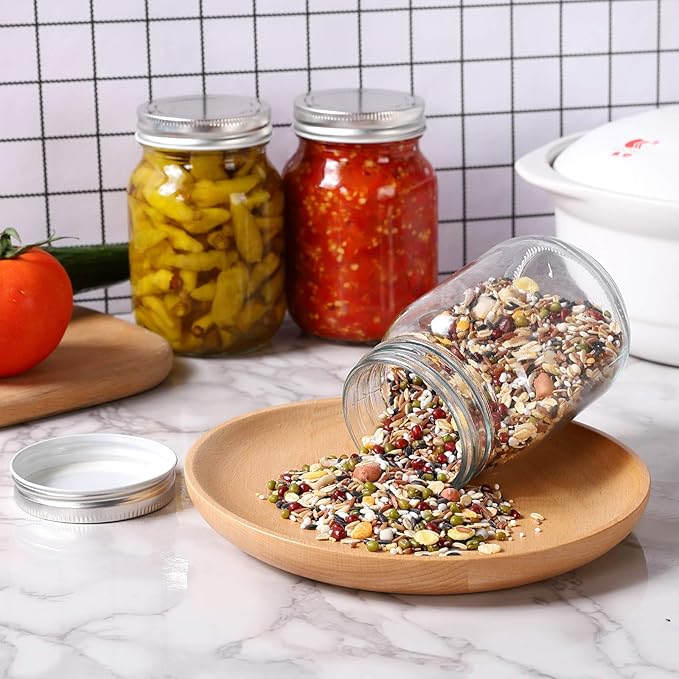 YINGERHUAN Glass Regular Mouth Mason Jars, 16 oz Clear Glass Jars with Silver Metal Lids for Sealing, Canning Jars for Food Storage, Overnight Oats, Dry Food, Snacks, Candies, DIY Projects (8PACK)