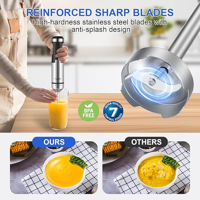 Immersion Blender 5 in 1 Handheld Blender 1500W, 20 Speed Mode&Turbo Boost, Heavy Duty Motor Electric Hand Blender with Chopper, Whisk, Frother, Beaker, for Baby Food, Sauce, Soup, Aquox