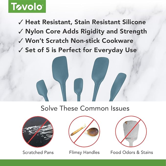 Tovolo Flex Core 5 Piece Silicone Spatula Set Heat Resistant All Silicone Utensils Include Non Stick Spatula Spoonula Jar Scraper, Dishwasher Safe BPA Free Spatulas for Baking Mixing, Blue Slate