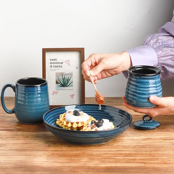HASENSE Ceramic Honey Pot with Lid, 12 Ounce HoneyJar with Wooden Dipper, Honey Dipper Stick and Jar Set, Cute Small Container for Christmas Thanksgiving Gift, Dishwasher Safe, Blue