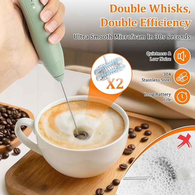 TonJin Frother Wand Rechargeable USB-C Milk Frother Handheld Mixer Electric with 2 Whisk Heads, 3 Speeds Adjustable Coffee Drink Mixer for Lattes, Matcha, Hot Chocolate, Egg, Matcha(Green)