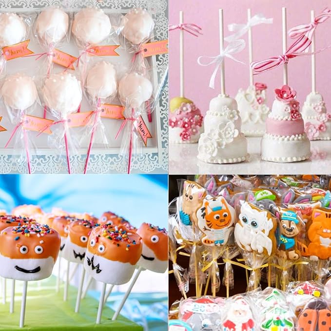 360 PCS Cake Pop Sticks and Wrappers Ties Kit, Including 120ct 6-inch Paper Lollipop Sticks, 120ct Cake Pop Parcel Bags, 100ct Silver Twist Ties for Candy Making Packaging Supplies