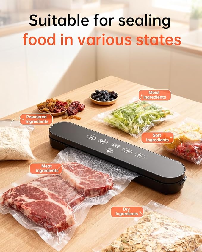 Food Vacuum Sealer Machine, 75kPa Compact Vacuum Sealer for Food, 4-in-1 Food Sealer with Digital Timer, Moist/Dry, Pulse, Seal Modes, Includes 20 Vacuum Bags, Perfect for Freezer Storage